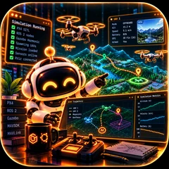Robot mascot flying drones in a simulation control room