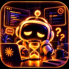 Robot mascot waiting by an hourglass